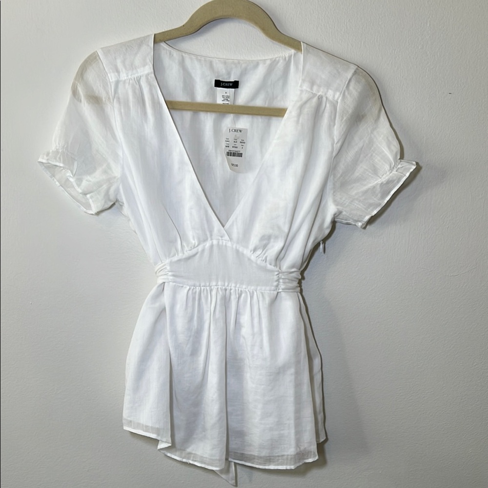 J. Crew White Wrap Blouse with Cuffed Sleeves Linen like